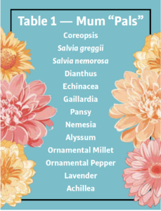 Table 1 shows some “mum pal”  flowers you may want to consider