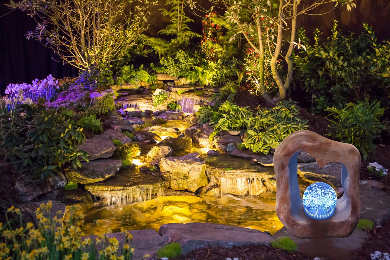 Brightly Lit Waterfall and Pond Stone Age Creations