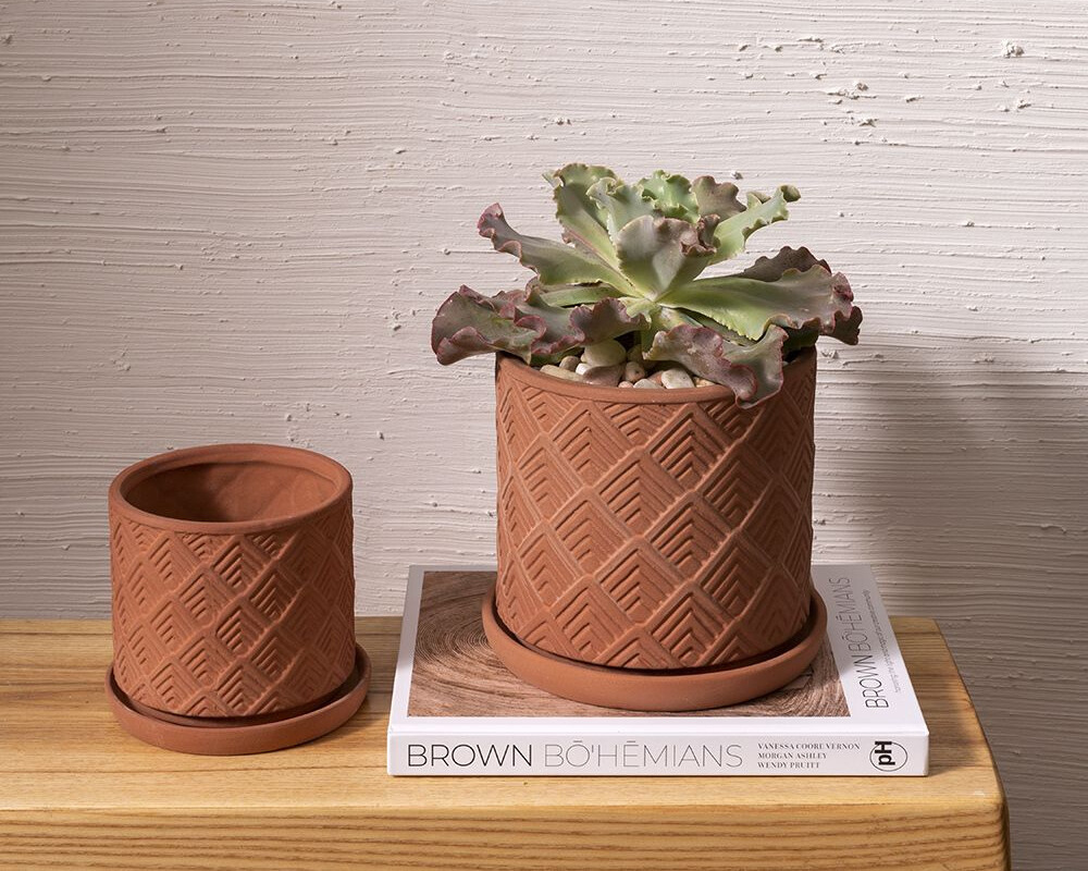 Becky Hillis, creative director at Accent Decor, said she’s seeing a shift toward more modern shapes of terracotta, like their Mittani pot. Photo courtesy of Accent Decor.