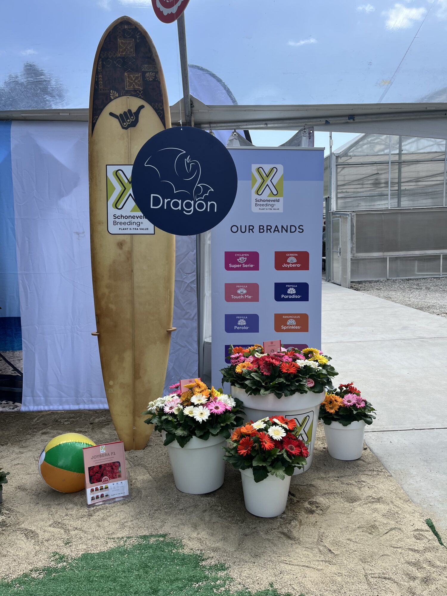 Just add water? Schoneveld’s beachy theme included sand and a surfboard.